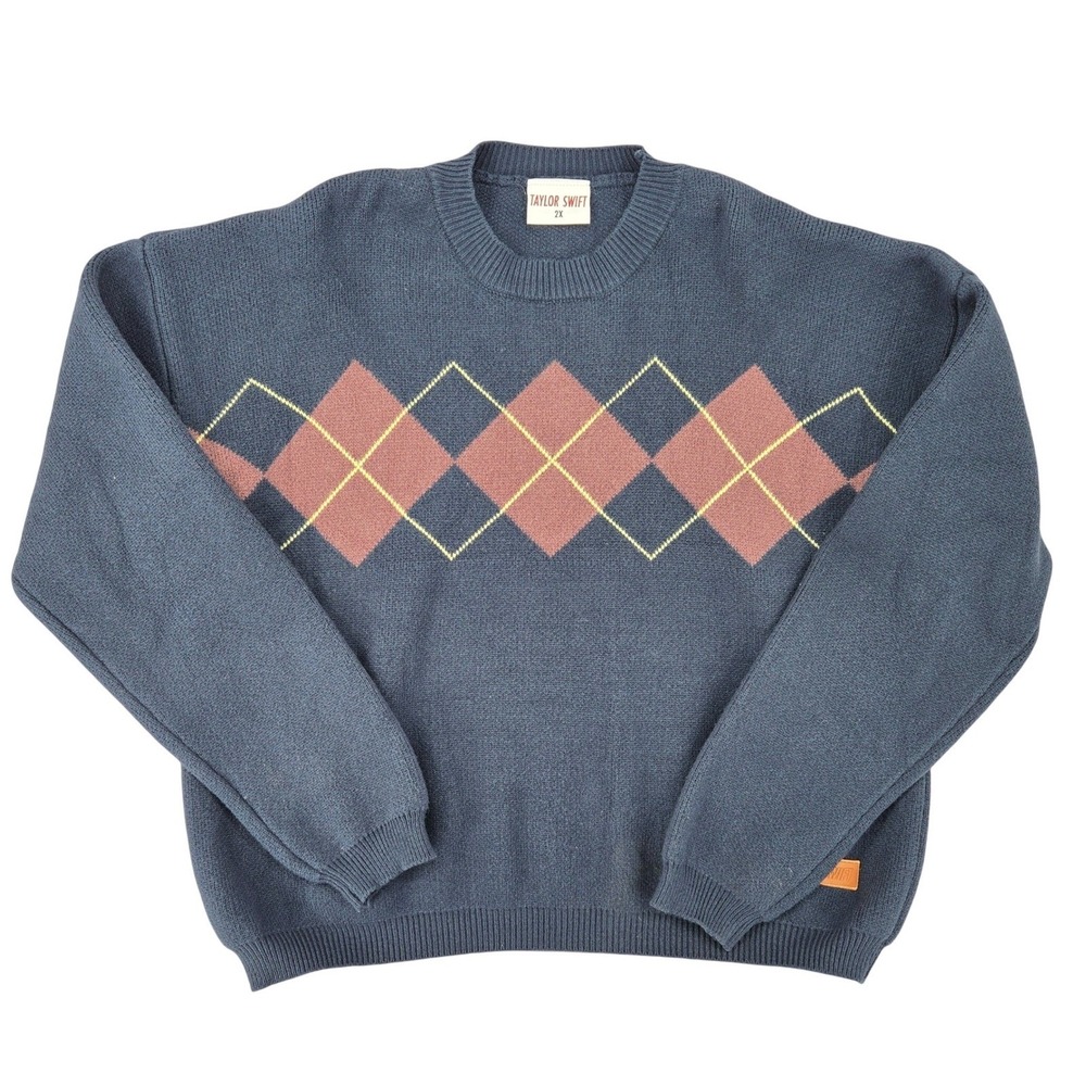 Taylor Swift 2X Argyle Knit Sweater Unisex Navy Blue Preppy RED Merch